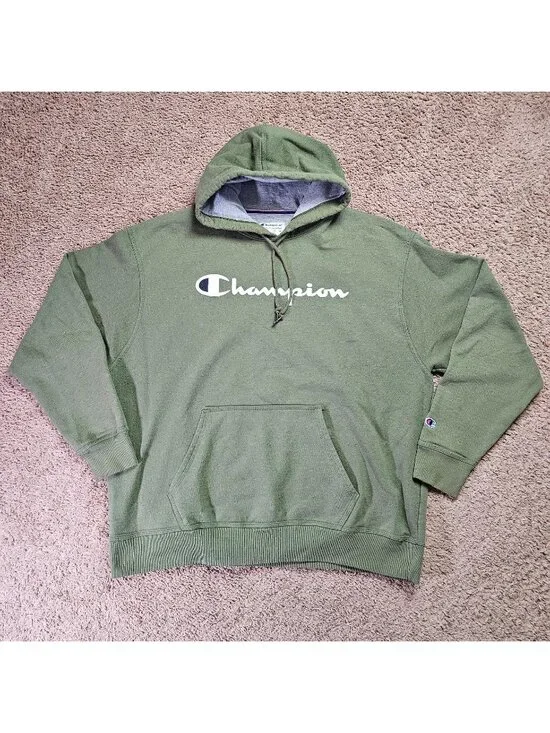 Champion Hoodie Mens 2XL Green Logo Graphic Print Pullover Sweatshirt - Picture 1 of 9